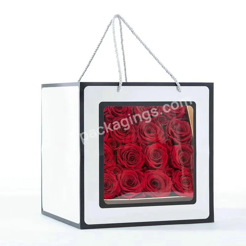 Wholesale recycled bouquets packaging bag custom printing logo square shopping paper bag with clear window