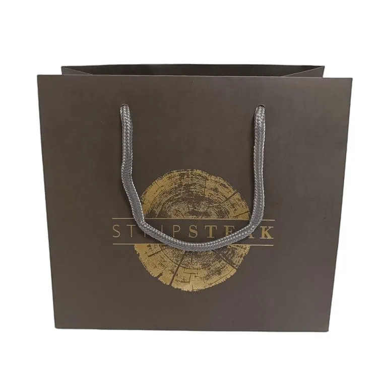 Wholesale recycled brown gift paper packaging bag with handle and custom gold foil stamping logo