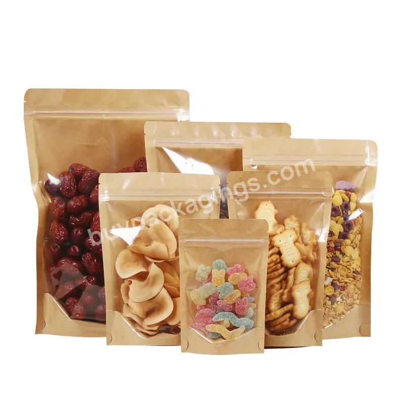 Wholesale Resealable Recycle Waterproof Stand Up Window Food Kraft Paper Packaging Pouch Zipper Sealed Bag For Coffee Tea