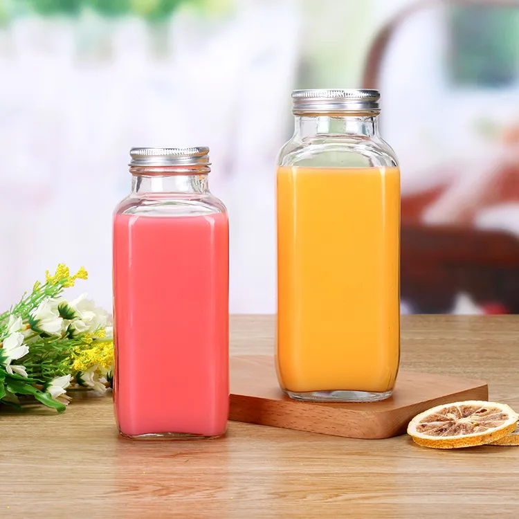 Wholesale Reusable Clear 350Ml Square Juice Beverage Glass Bottles With Screw Cap