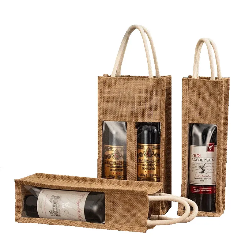 Wholesale reusable wine gift wrapping Vintage thickened burlap tote bagand 12 3bottle wine tote bag with pvc window