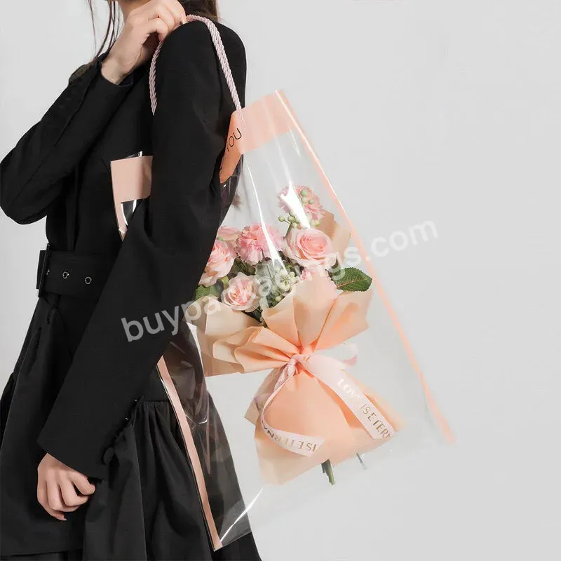 Wholesale Size Design Logo Pvc Transparent Plastic Opp Bag Clear Gift Flower Bouquet Bag With Handle