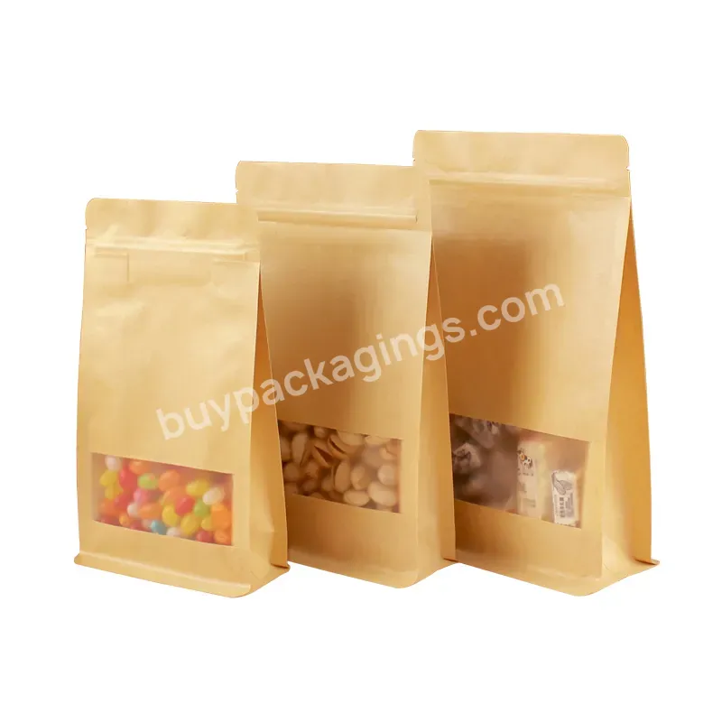 Wholesale Stand Up Bag Flat Bottom Food Packing Zipper Brown Kraft Customized Paper Bag