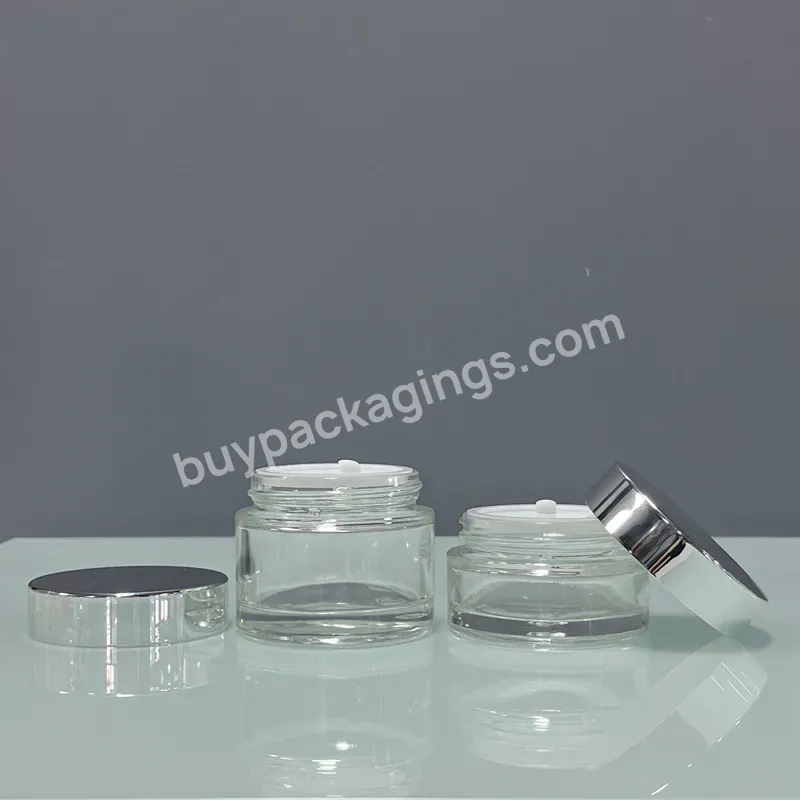 Wholesale Stock 30g 50g Skin Care Containers And Packaging Clear Cosmetic Glass Jars With Silver Lid