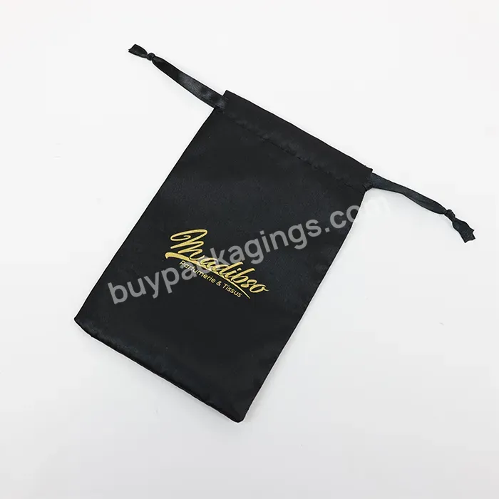 Wholesale The Low Moq Small Packaging Black Satin Bag With Customized Gold Logo Printed For Wig