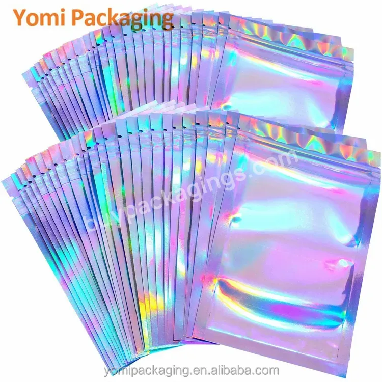 Wholesale Translucent Zip Lock Resealable Cosmetic Eyelashes Storage Bag Pouch Holographic Laser Food Packaging Bags