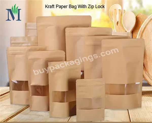 Wholesale White Kraft Paper Stand Up Pouch Reusable Ziplock Food Packaging Nut Doypack Pouches Bags With Transparent Window