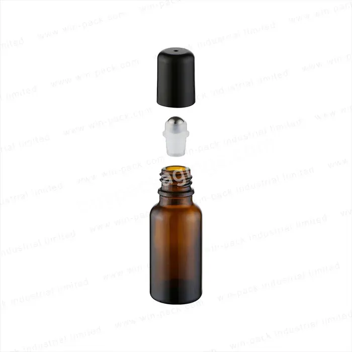 Winpack Essential Oil Perfume Amber Glass Bottle With Steel Roller Ball And Round Black Lid