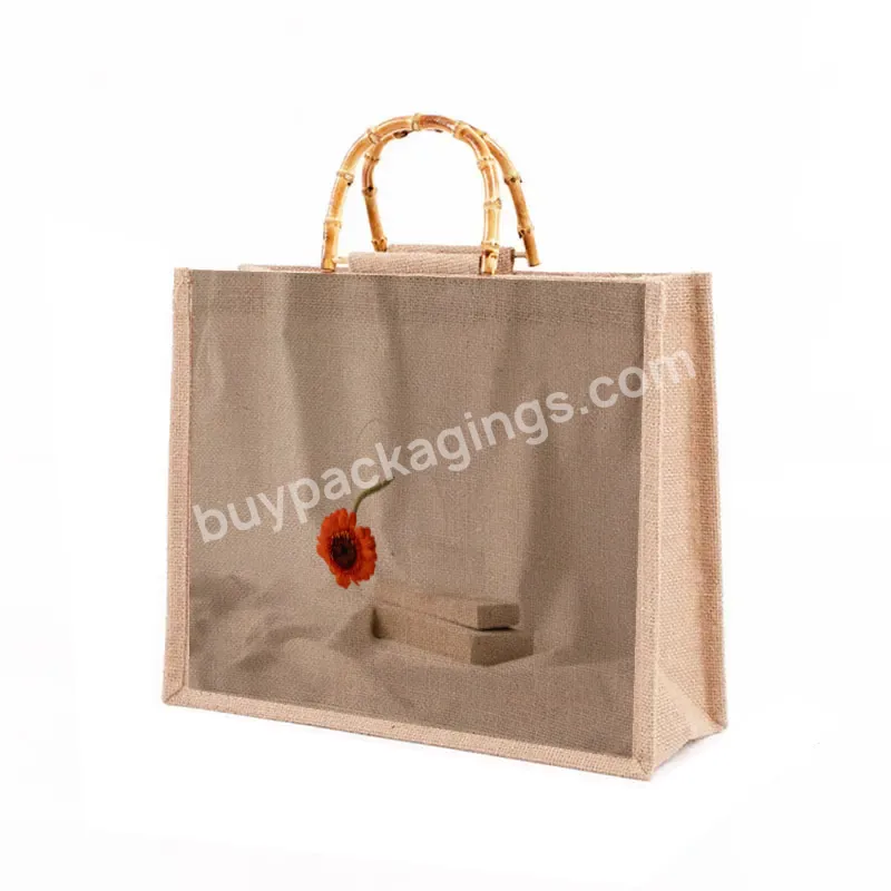 Women's Foldable Recycle Eco Friendly Large Shopping Tote Burlap Jute Shoulder Carry Bag With Bamboo Handle