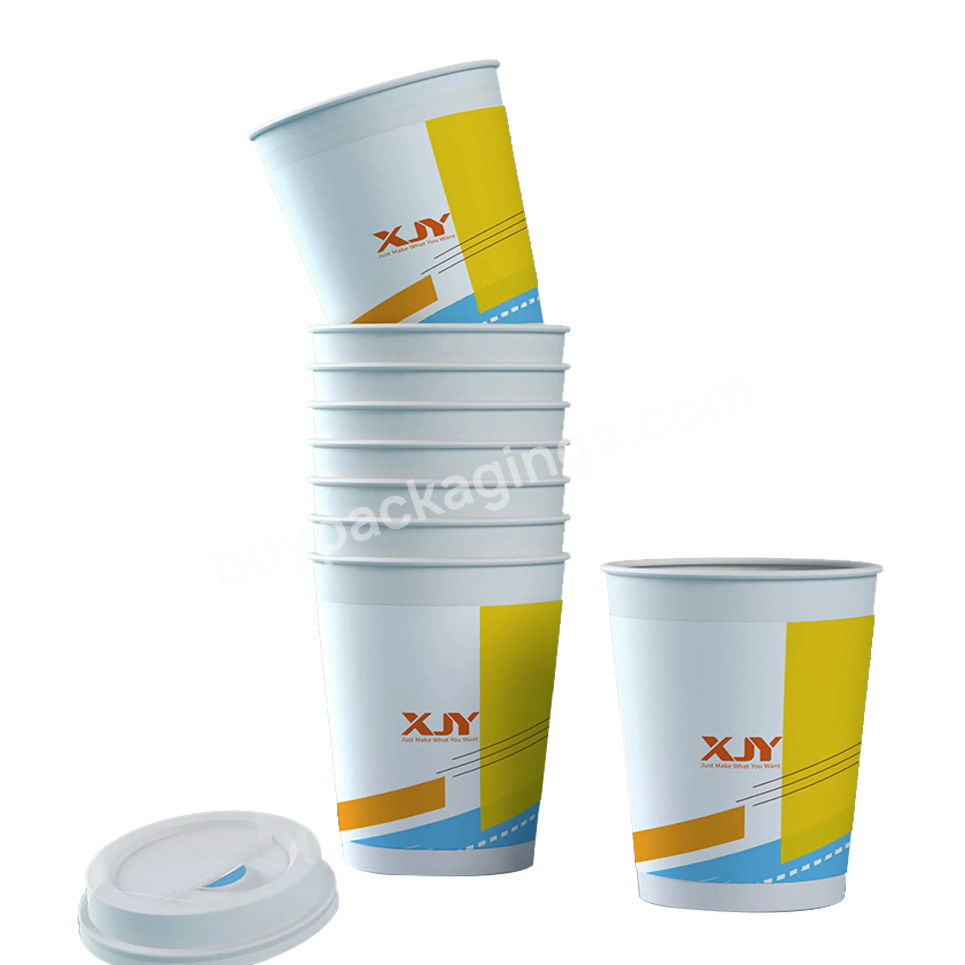 Xjy Custom Recyclable Gold Krat Eco-friendly Disposable Takeaway Double Wall Coffee Paper Cups With Plastic Lid