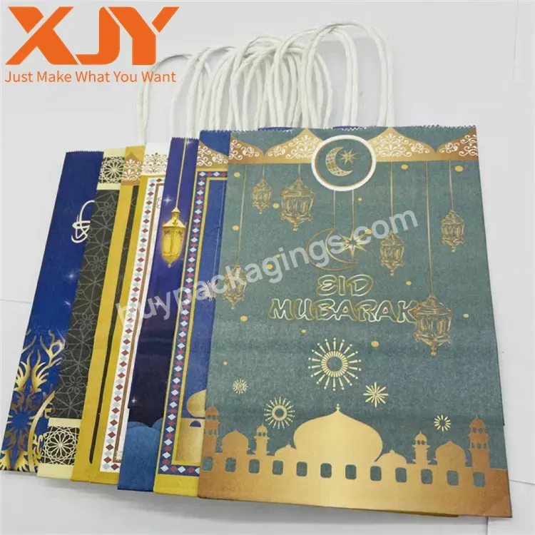 Xjy Eid Mubarak Custom Logo Printing Gift Packing Shopping Paper Bag With Handle For Ramadan Gift Packing
