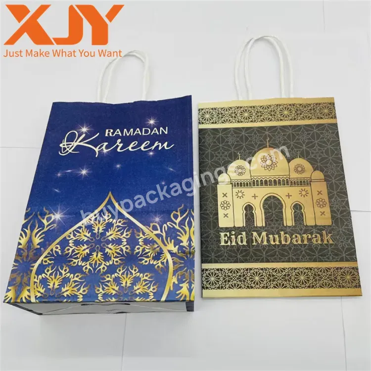 Xjy Eid Mubarak Custom Logo Printing Gift Packing Shopping Paper Bag With Handle For Ramadan Gift Packing