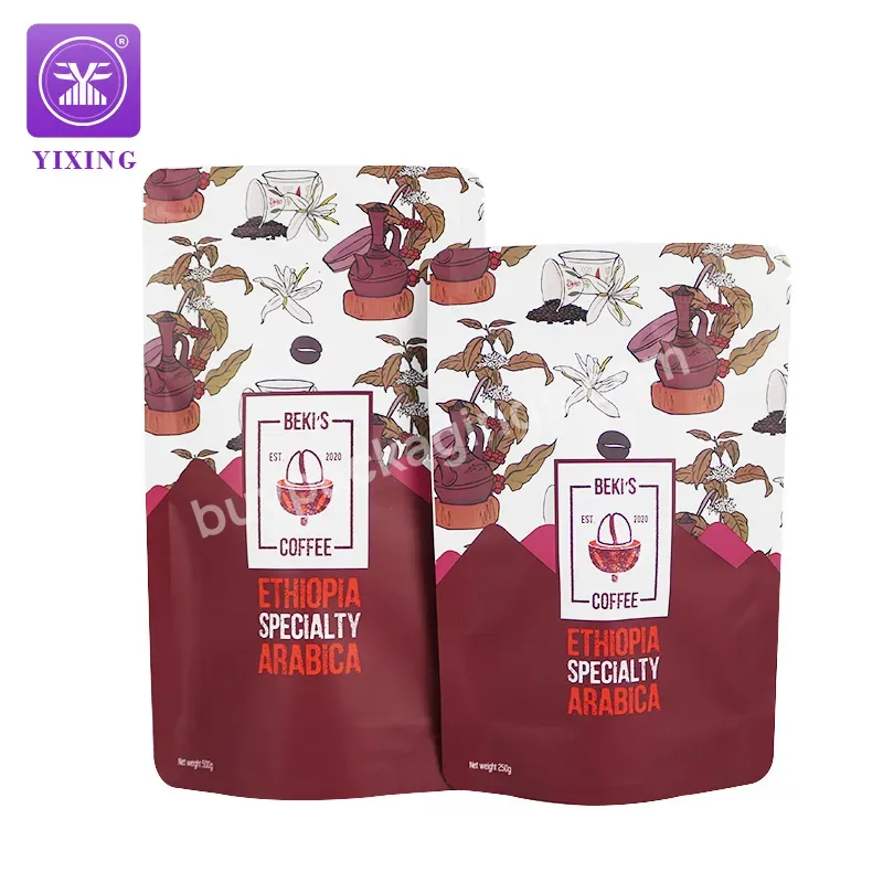 Yixing Packaging 250g 500g Stand Up Coffee Bean Packaging Bag With One Way Valve