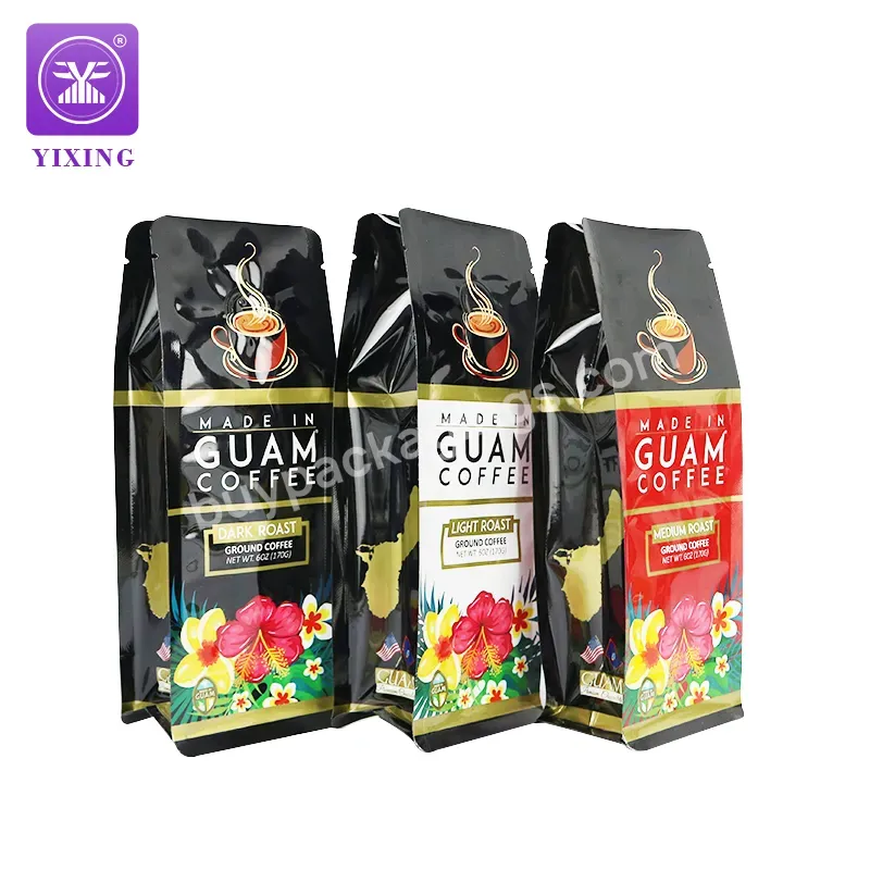 Yixing Packaging Custom Printing Bright Flat Bottom Coffee Bean Bag 150g 250g Coffee Bags With Valve Flat Bottom