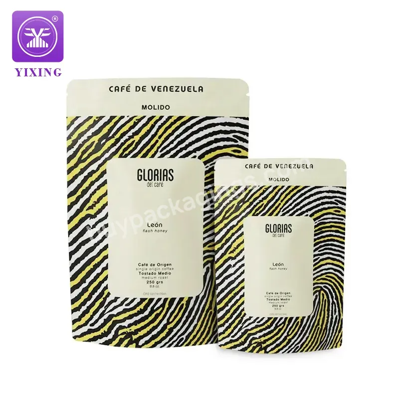 Yixing Packgiang Ziplock Moisture Proof Window Flat Bottom Valve Zip Lock Kraft Paper Bag Printed Stand Up Coffee Bags