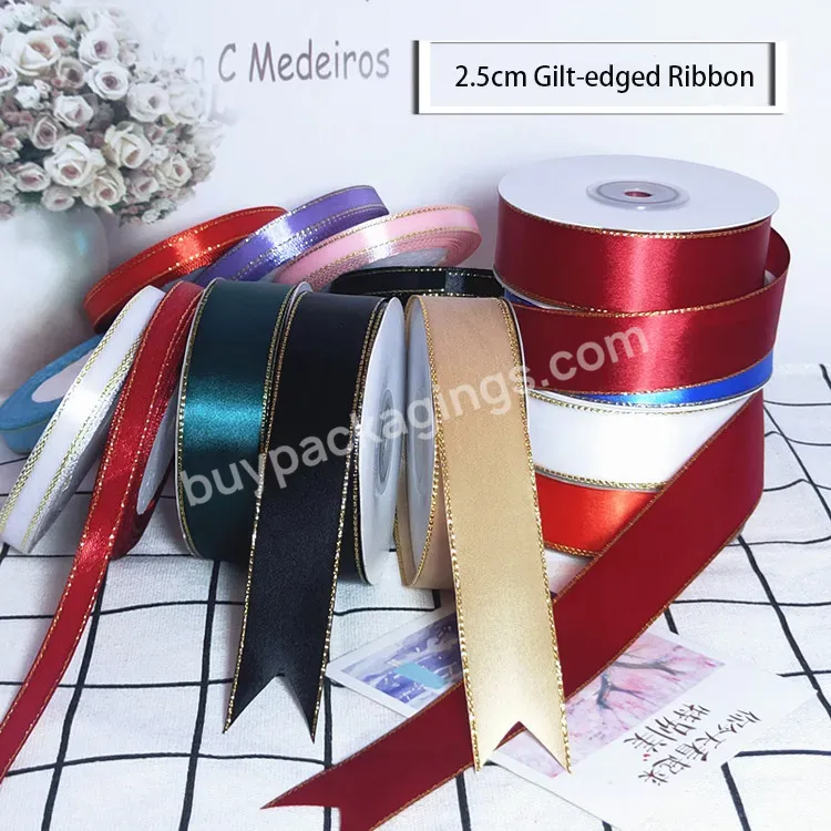 Yohpack 2.5cm*25y/roll Double Face Gold Edge Bow Christmas Gifts Cake Box Packaging Diy Silk Ribbon