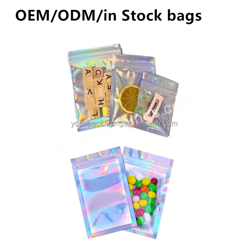 Ziplock Resealable Holographic Aluminium Rainbow Color Pouch Smell Proof Packaging Mylar Bags