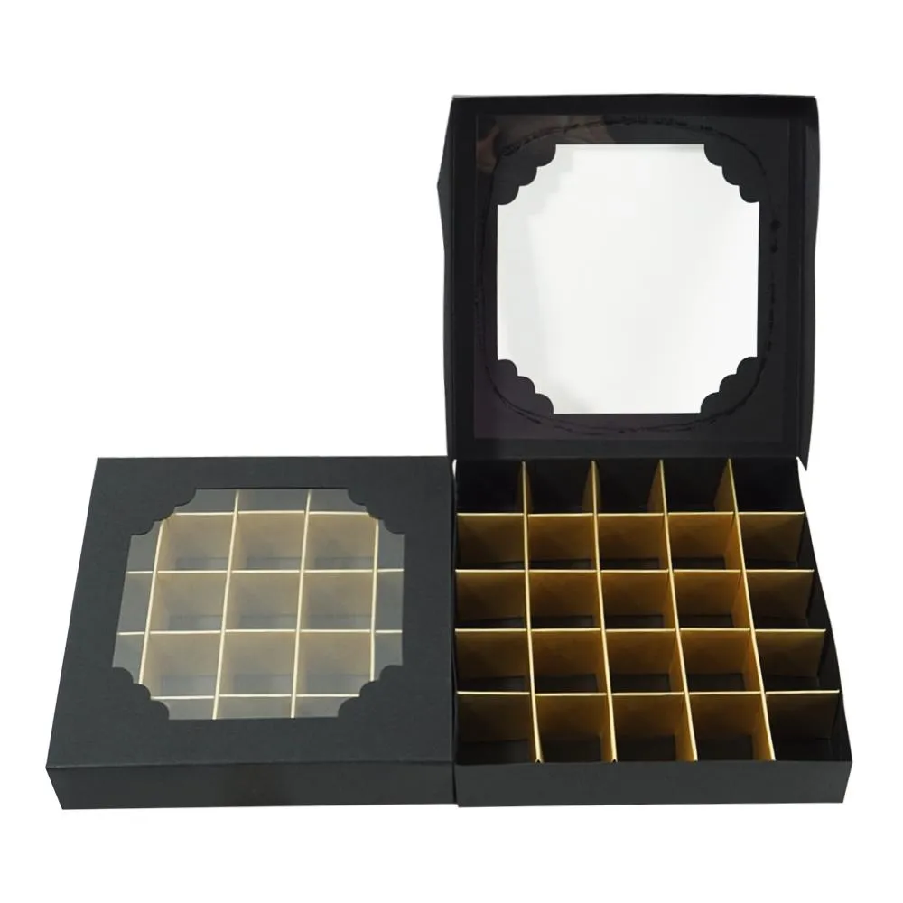 ZL customized black high-grade 25 grid gold insert candy chocolate food box with transparent PET window dessert gift box