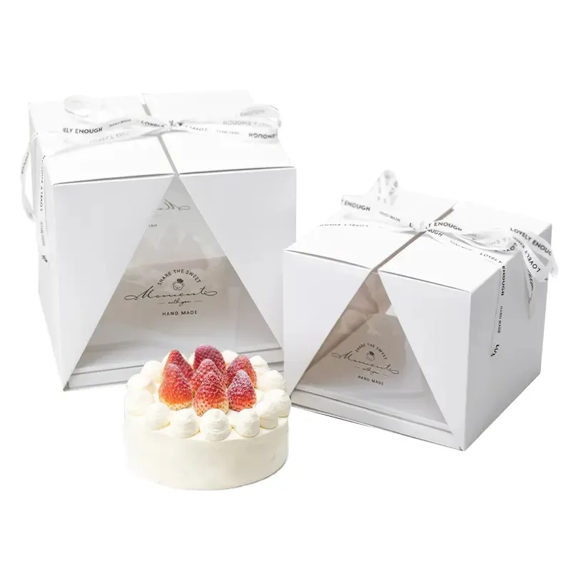 ZL Luxury Transparent Handle Custom Food Packaging Square Plastic PET White Wedding Birthday Clear Cake Box With Ribbon