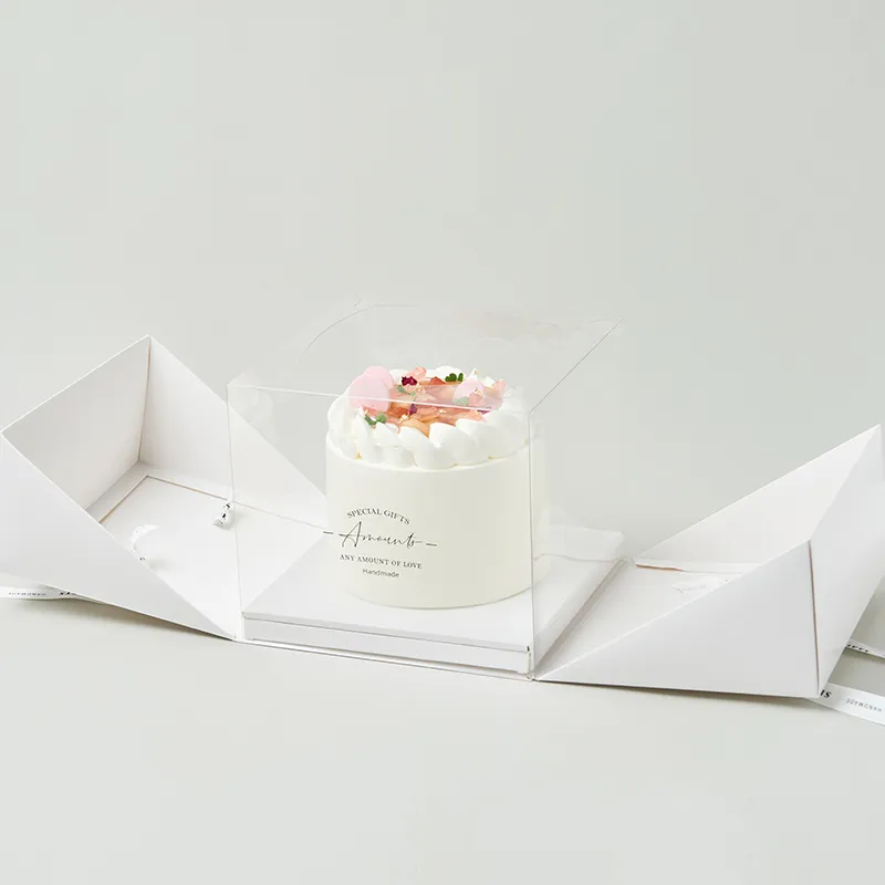 ZL Luxury Transparent Handle Custom Food Packaging Square Plastic PET White Wedding Birthday Clear Cake Box With Ribbon