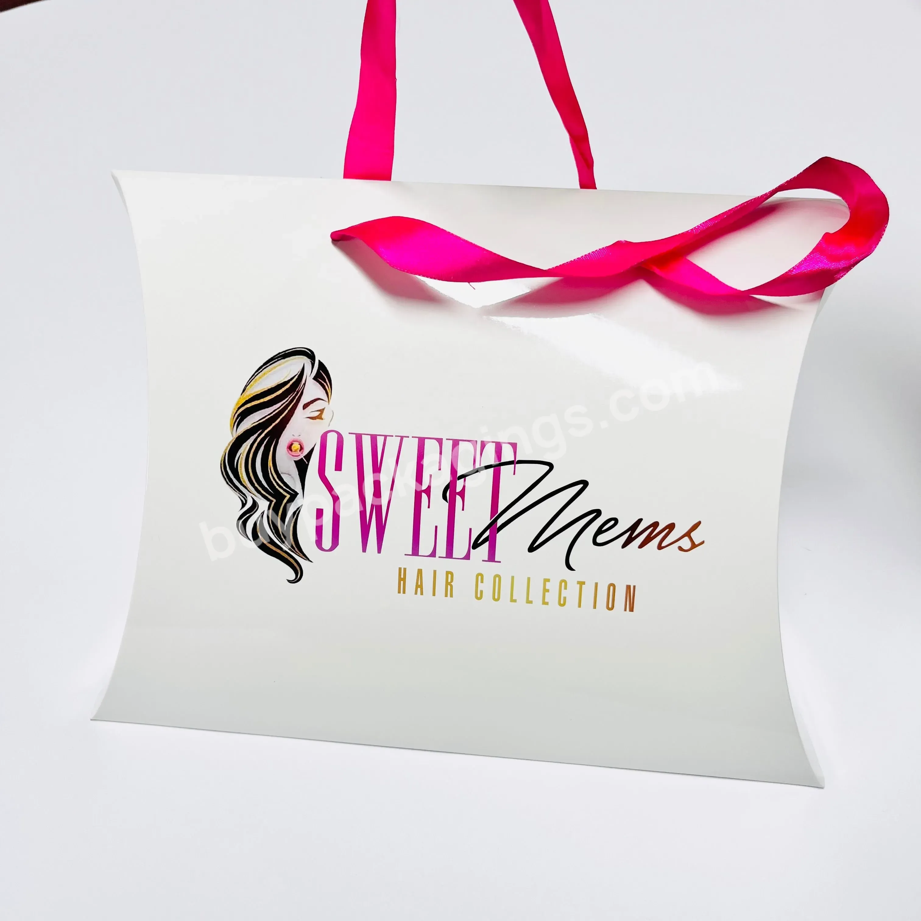 Custom Shiny Glossy Black Pillow Shape Box With White Logo For Gift Bundle Hair Packaging Box