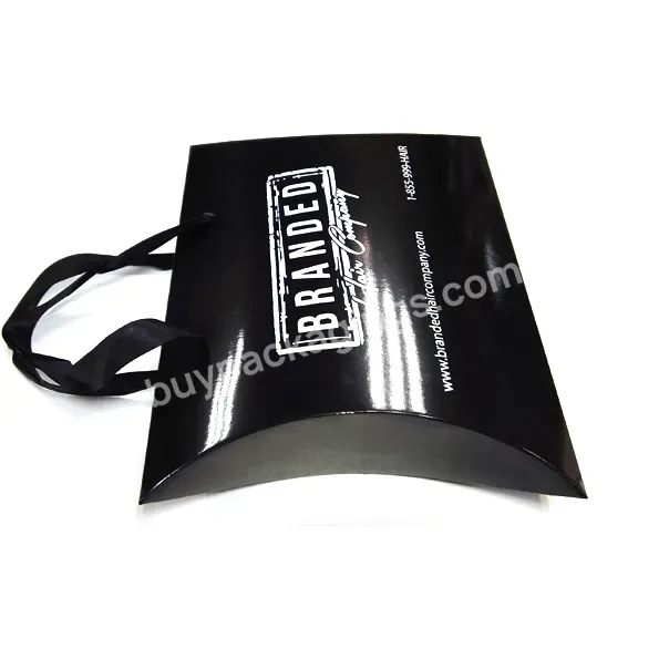 Custom Shiny Glossy Black Pillow Shape Box With White Logo For Gift Bundle Hair Packaging Box