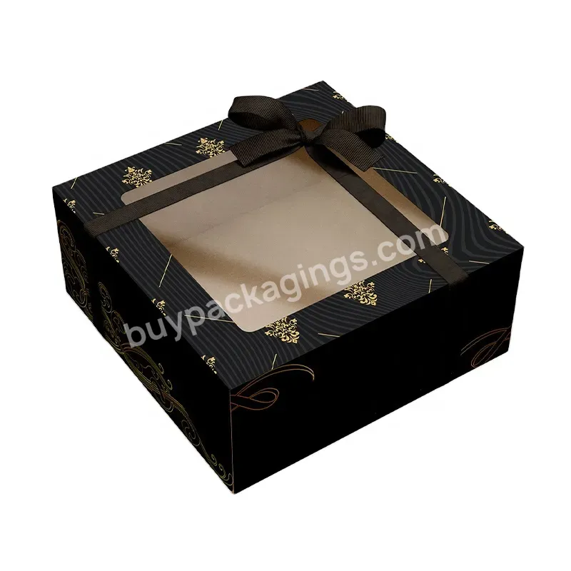 Custom Floral Design Black Hinged Flap Lid Cardboard Cake Box With Pvc Window And Ribbon Decoration Food Grade Bakery Packaging - Buy Paper Cardboard Pie Boxes See-through Pet Window Cake Box,Mailer Box Foldable For Bakery Shop,Gold Color Decoration