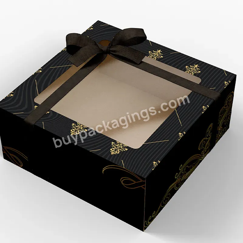 Custom Floral Design Black Hinged Flap Lid Cardboard Cake Box With Pvc Window And Ribbon Decoration Food Grade Bakery Packaging - Buy Paper Cardboard Pie Boxes See-through Pet Window Cake Box,Mailer Box Foldable For Bakery Shop,Gold Color Decoration