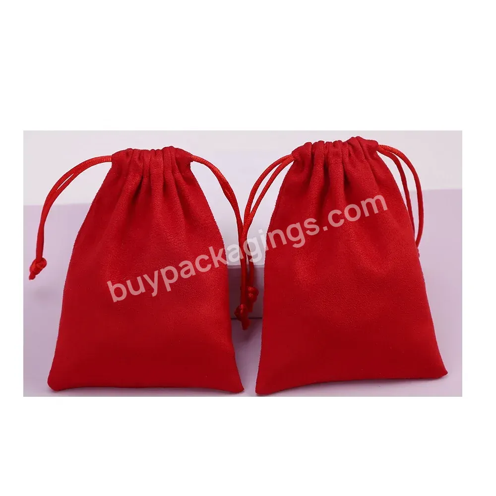 Custom Logo Short Plush Cotton Velvet Red Suede Jewelry Bag Gift Packaging Drawstring Pouch