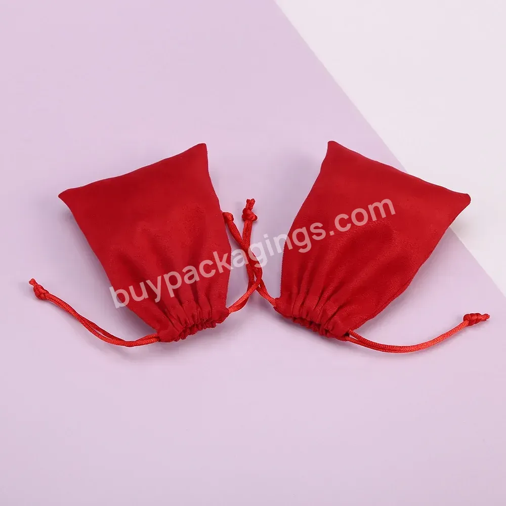 Custom Logo Short Plush Cotton Velvet Red Suede Jewelry Bag Gift Packaging Drawstring Pouch