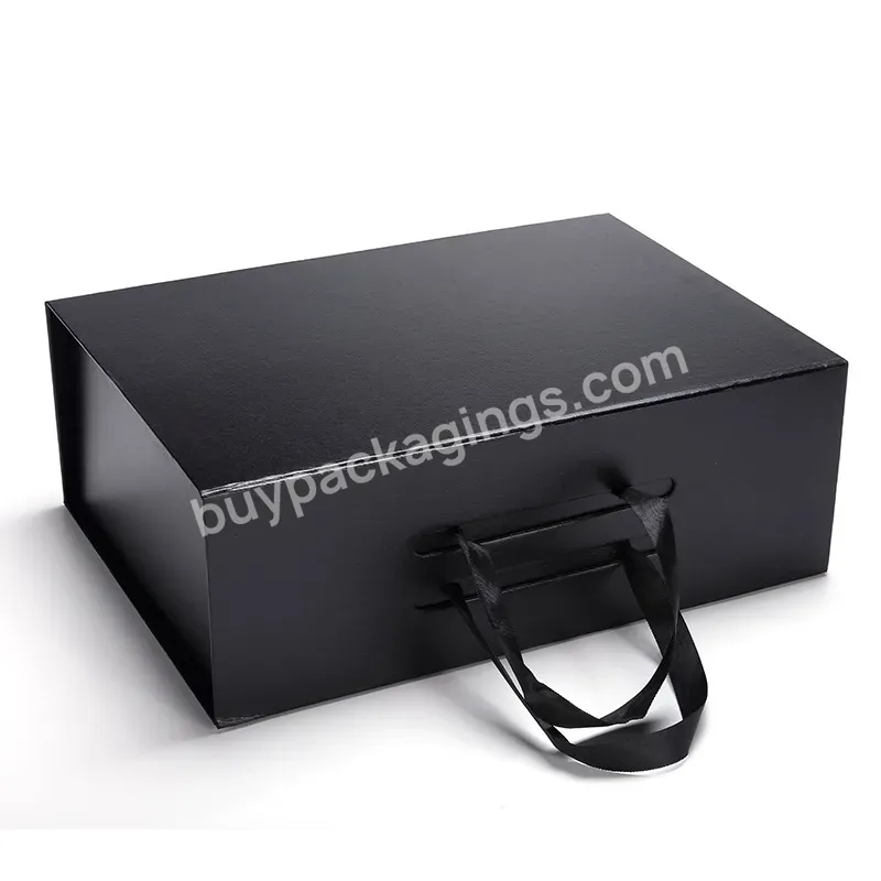 Custom Luxury Magnet Flap Clothing Paper Box Foldable Magnetic Closure Gift Boxes With Ribbon For Shoes & Clothing - Buy Custom Wholesale Black Magnetic Folding Gift Box Cardboard Packaging For Clothes Handbags With Ribbon Handle,Ring Box Packaging J