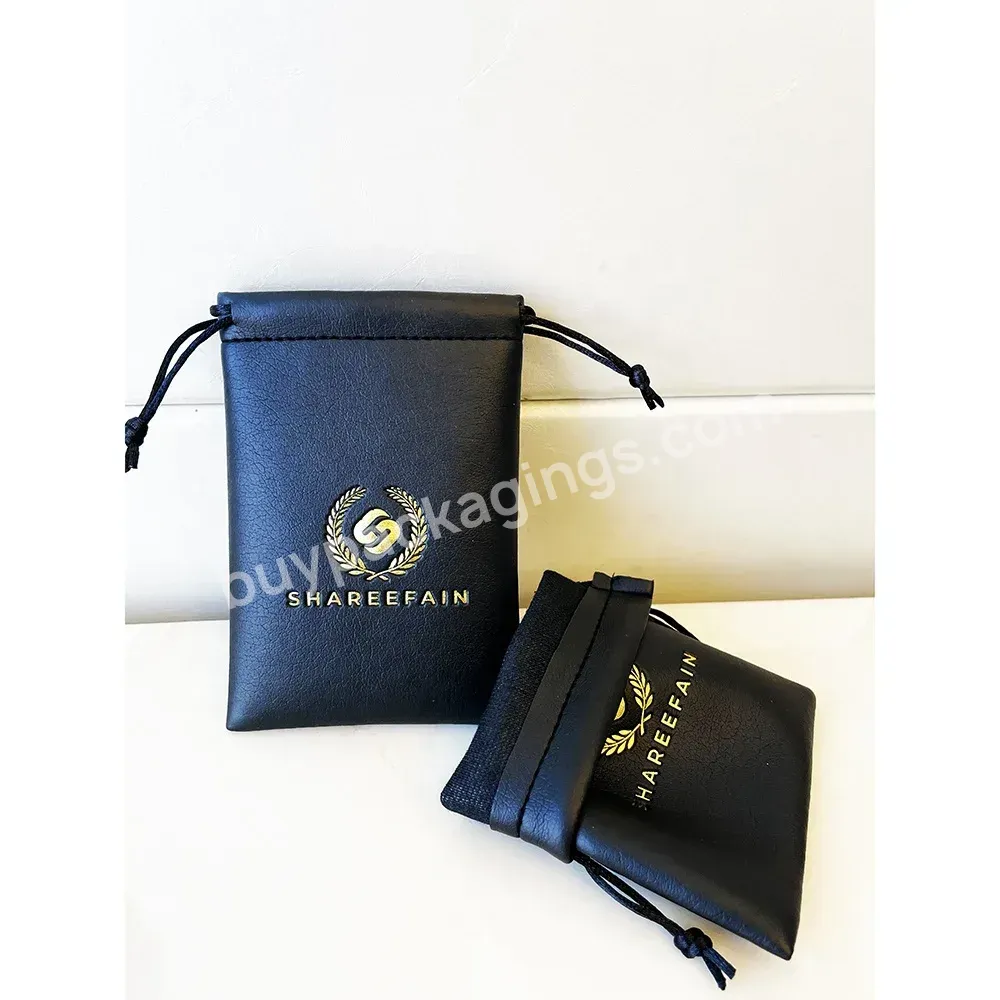 Custom Printed Black Pu Leather Small Size Jewelry Drawstring Pouch Bag With Gold Embossing Logo