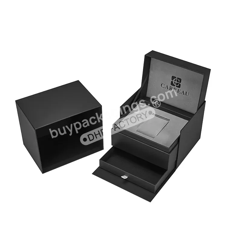 Customised Branded Popular Hinged Lid Packaging Luxury Watch Gift Set Black Cardboard Jewelry Box For Men