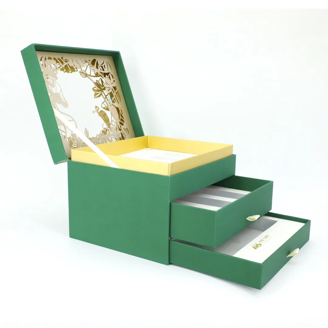 Design Custom Logo Luxury Green Three Layer Paper Packaging Jewellery Necklace Ring Gift Set Package Jewelry Box With Mirror