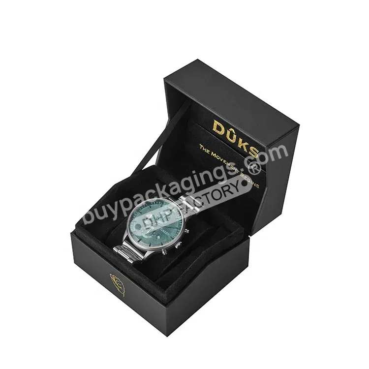 High-end Custom Gold Foil Logo Rigid Cardboard Black Leatherette Paper Display Watches Gift Packaging Boxes With Ribbon Support