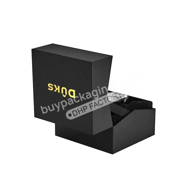 High-end Custom Gold Foil Logo Rigid Cardboard Black Leatherette Paper Display Watches Gift Packaging Boxes With Ribbon Support