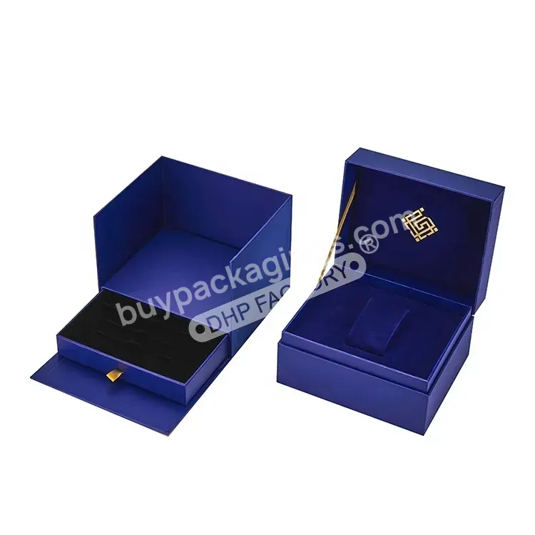 High Quality Luxury Custom Gold Foil Logo Printing Matte Blue Velvet Pillow Fixed Watches Paper Packaging Boxes For Single Watch