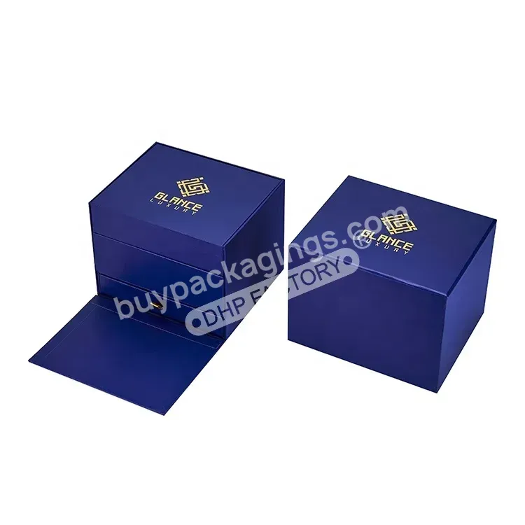 High Quality Luxury Custom Gold Foil Logo Printing Matte Blue Velvet Pillow Fixed Watches Paper Packaging Boxes For Single Watch