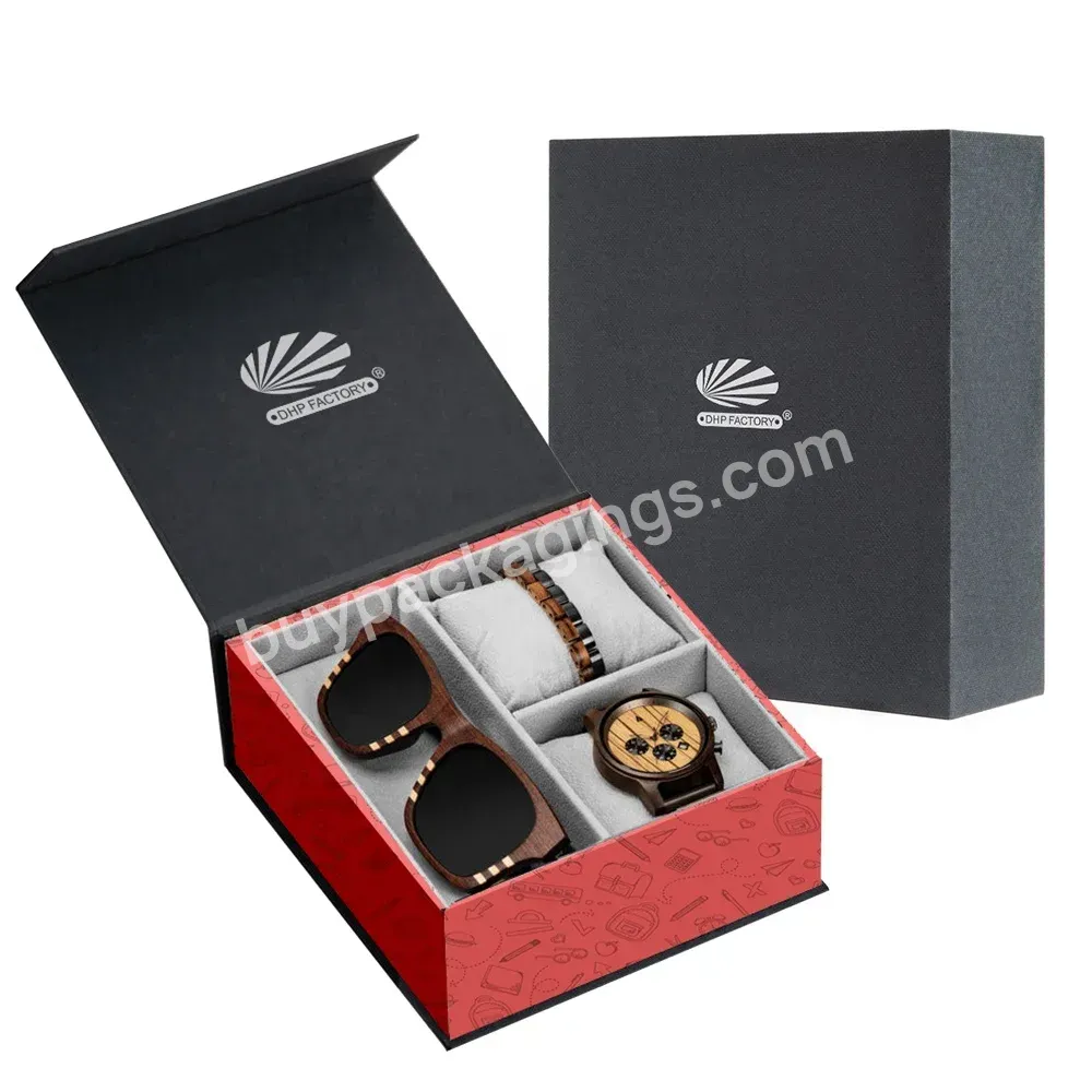 High Quality Men Luxury Watch Set Rigid Cardboard Magnetic Closure Gift Bracelet Watch Packaging Box With Gray Velvet Dividers