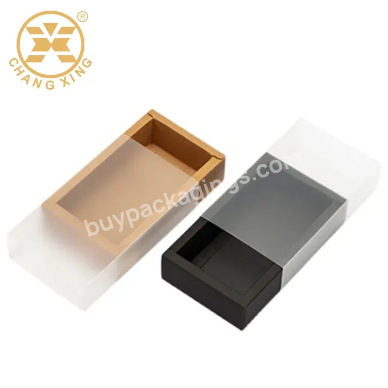 Kraft Gift Packaging Ornament Black Slide Drawer Craft Paper Boxes With Clear Pvc Frosted Lid Brown Jewelry Drawer Box