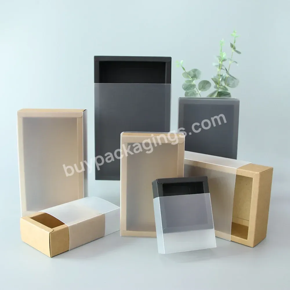 Kraft Gift Packaging Ornament Black Slide Drawer Craft Paper Boxes With Clear Pvc Frosted Lid Brown Jewelry Drawer Box