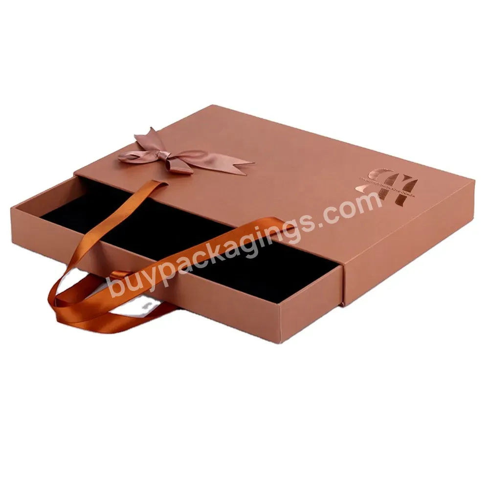 Logo Gold Hot Foil Luxury Rigid High Quality Drawer Shape Chocolate Gift Packaging Box With Ribbon Handle - Buy To Go Chocolate Gift Packaging Box With Ribbon Handle,Handmade Beige Custom Printing Chocolate Packaging Box,Champagne High-end Chocolate