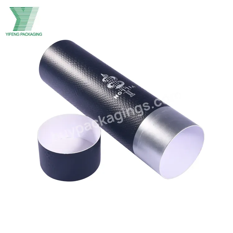 Luxury Custom Cylinder Solver Round Black Texture Cardboard Rigid Gift Packaging Paper Tube Box For Wine