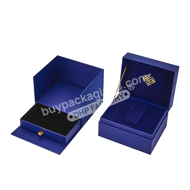 Luxury Custom Gold Foil Logo Print Navy Blue Rigid Cardboard Men Single Mechanical Watches Set Packaging Box With Velvet Pillow