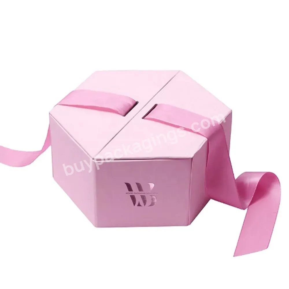 Luxury Matte Pink High Quality Hexagon Ribbon Magnetic Gift Box With Magnetic Closure With Your Logo Printed - Buy High-end Eco Friendly Magnetic Gift Box With Magnetic Closure With Embossed Logo Gold Foil With Sponge Insert,Hot Selling Magnetic Gift