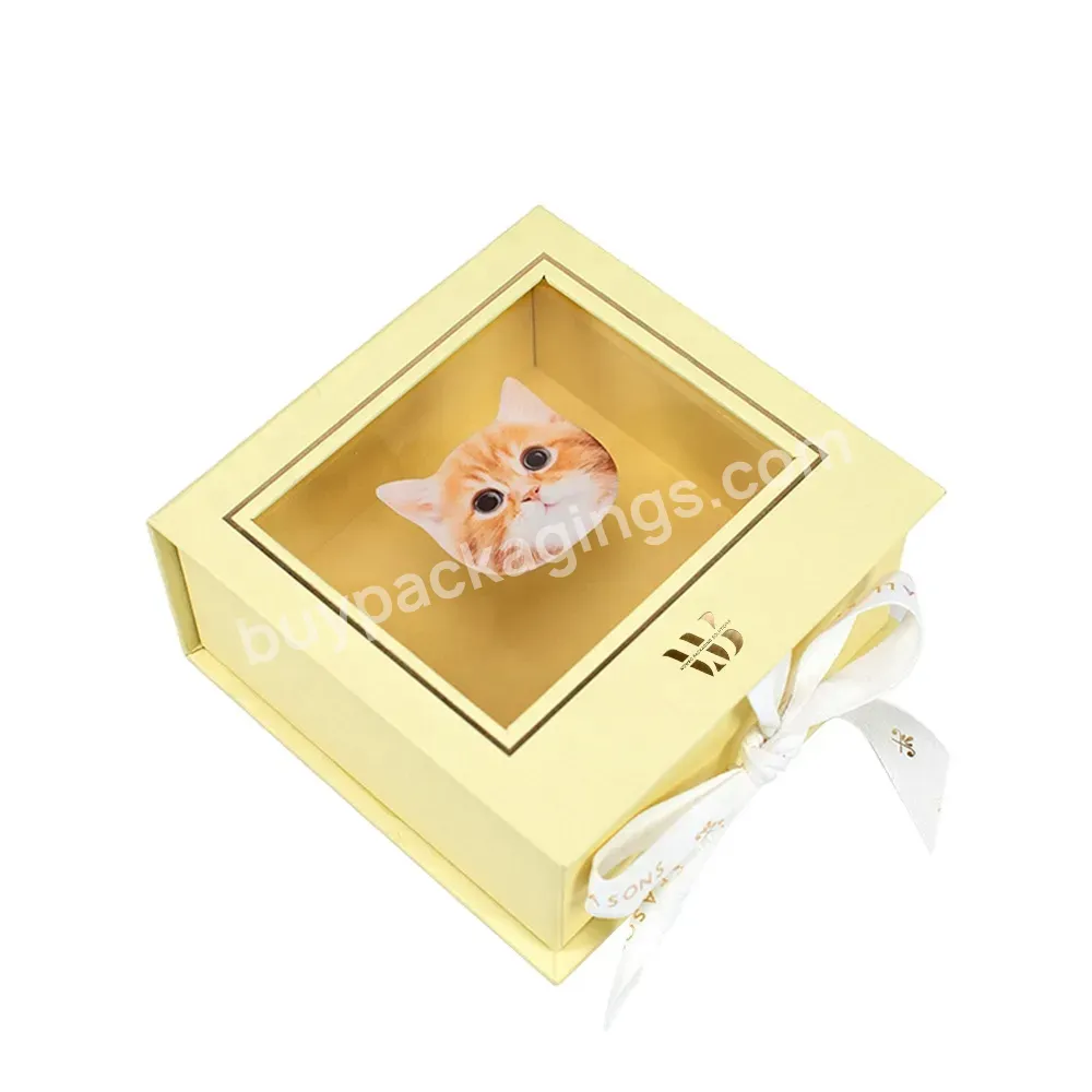 Luxury Matte Yellow Clear Window Customized Logo Printed Perfume Packaging Gift Box With Ribbon Bow