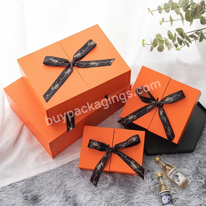 Rigid Paper Magnetic Gate Fold Double Door Flip Top Open Skincare Set Gift Box Packaging - Buy Wide Ribbon Decorated Hexagon Gift Box With Shredded Paper Gate Fold Door For Whisky Beverage Packaging With Thank You Card,Custom Logo Luxury Cardboard Pa