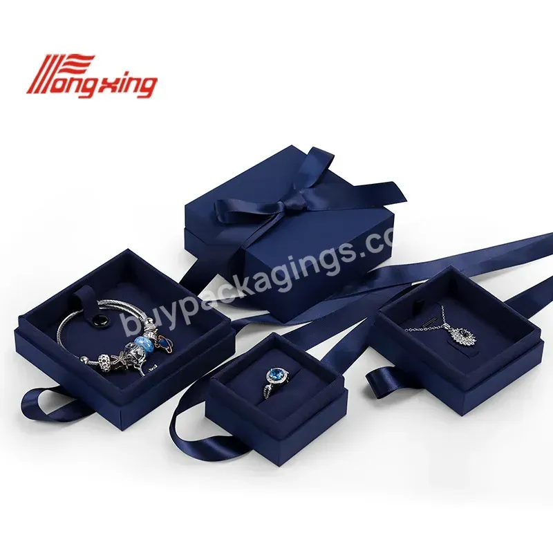 Tongxing Dark Blue 2pcs Packer Ring Box Jewelry Packaging Box Ribbon With Logo Luxury Jewellery Boxes