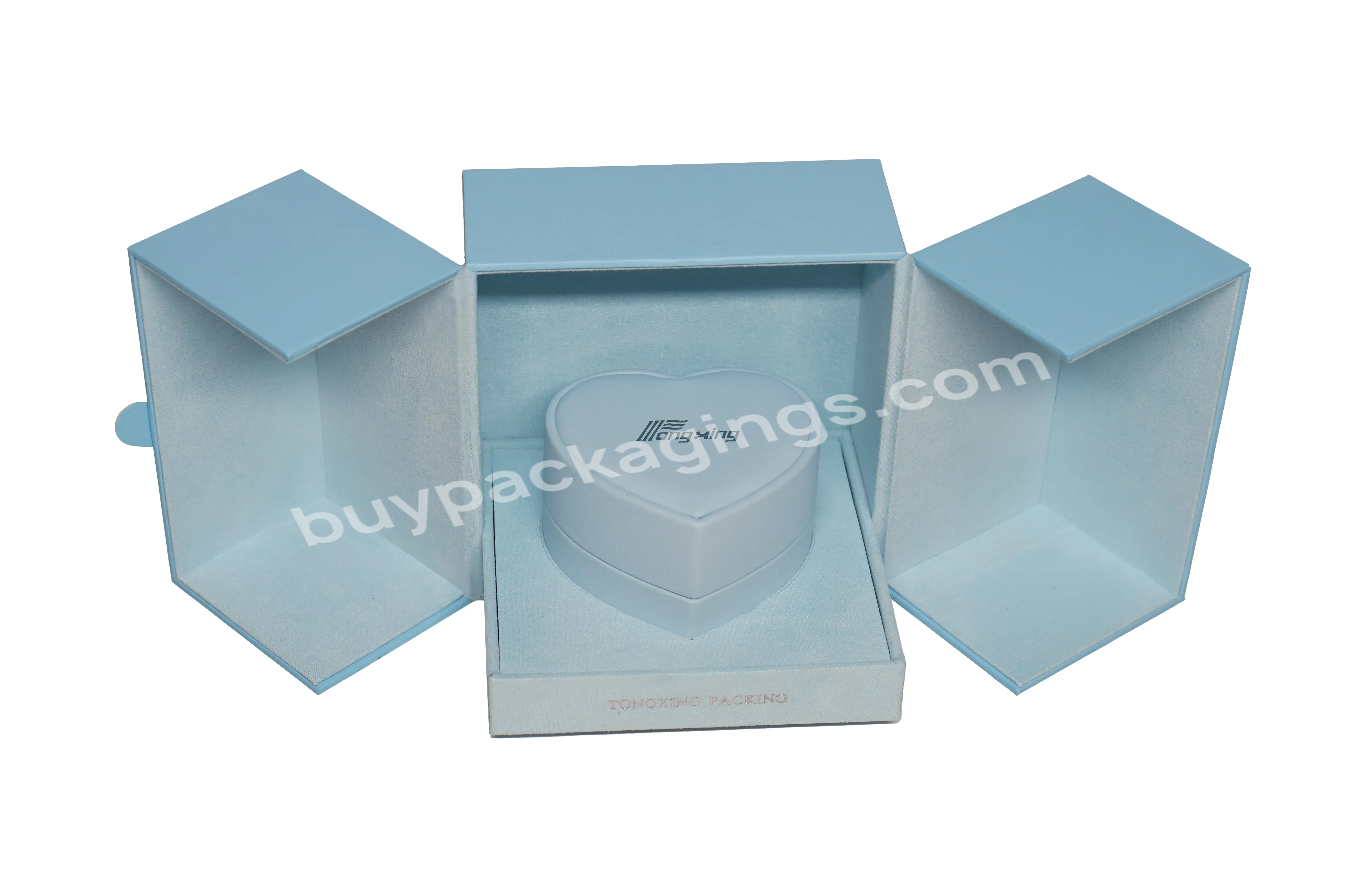 Tongxing Luxury Custom Blue Pu Leather Jewelry Gift Box Large Heart-shaped Ring Box With Elegant Packaging Display