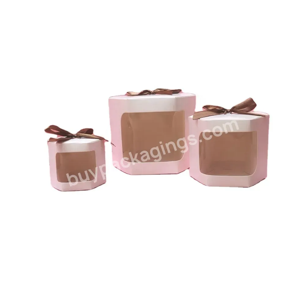 Wholesale Custom Biodegradable Food Grade Bakery Candy Cookie Packaging Kraft Paper Box With Window In Front And Ribbon On Top - Buy Factory Price White Brown Kraft Paper Eco Friendly,Hexagon Shape Custom Size Kraft Box With Pvc Transparent Window,De